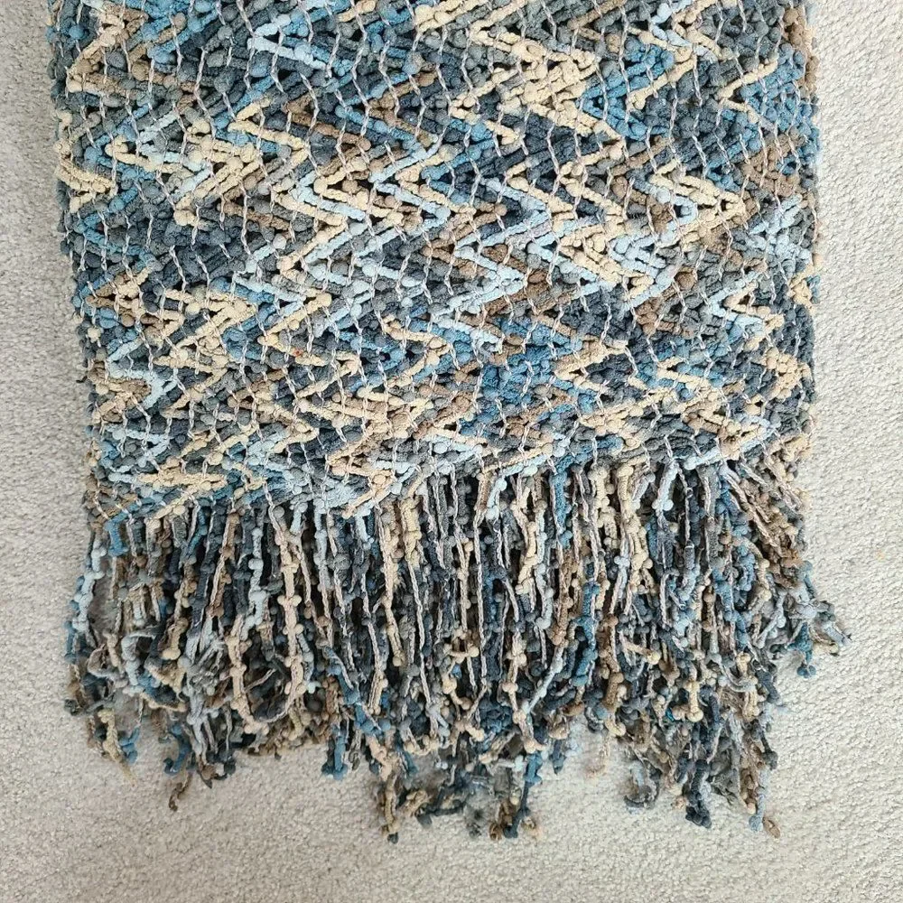 Chenille Woven Knit Open Weave Throw Blanket Chevron Pattern With Fringe Ocean